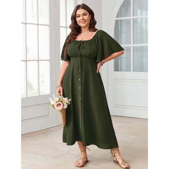 Plus Size Summer Dress Short Sleeve Square Neck Tie Front Boho Maxi - Picture 5 of 6